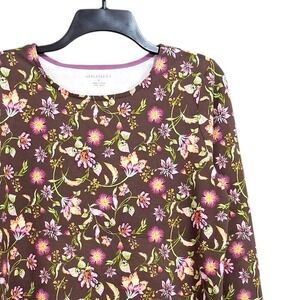 Appleseeds Top Women S Brown Pink Long Sleeve Floral Grosgrain Trim Side Slit